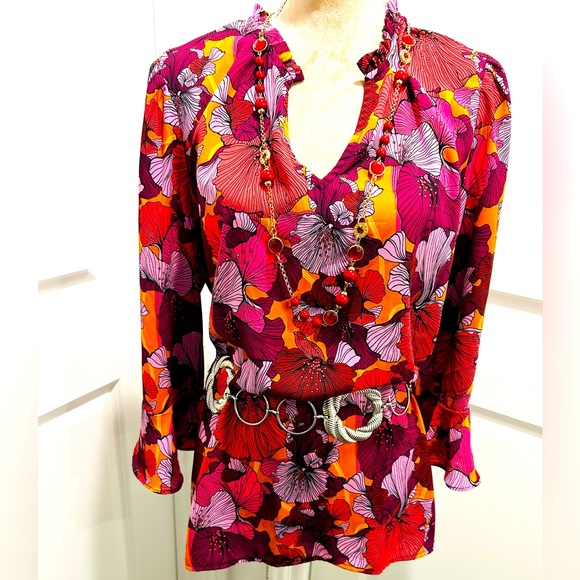 Mod Y2K Poppy Print Long Tunic Top Blouse plus bonus belt Sz XL - Picture 1 of 11